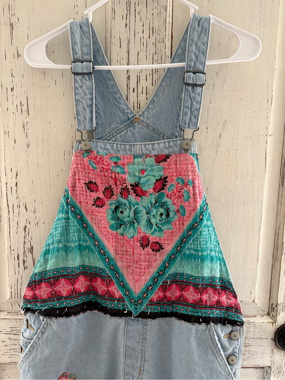 Upcycled Boho Kantha Patch Denim Overalls - Picture 4 of 6